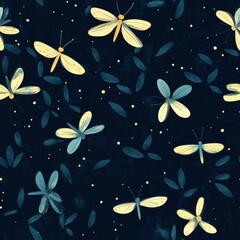 Canvas Print - Night Sky Dragonflies and Leaves Pattern