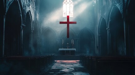 Sun rays illuminating red cross and altar in old gothic church