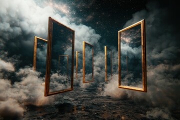 Wall Mural - Surreal Landscape with Floating Frames in Dreamlike Cosmic Atmosphere