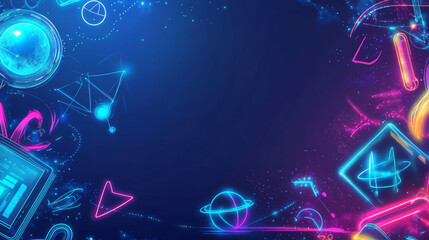 double neon vertical frames or borders mock up on blue background in digital computer technology sty