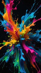Wall Mural - Colorful splash of liquid paint on dark black background. Vibrant rainbow colors fluid burst vertical stories wallpaper.