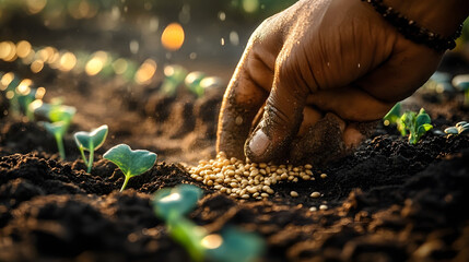 Wall Mural - Close-up of a hand planting seeds in a row of soil