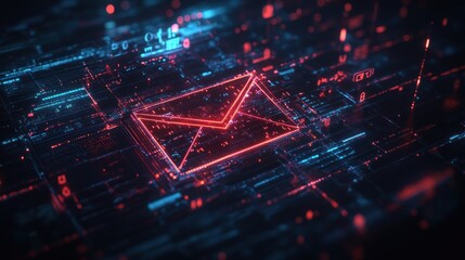 Wall Mural - digital email communication network: abstract 3d render of a glowing envelope symbol in a futuristic