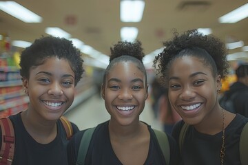 Three smiling friends enjoying a fun moment in a grocery store aisle during a casual outing with vibrant shelves in the background