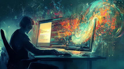 Wall Mural - webinar of technology web development. laptop with education materials and programm interfaces on sc