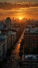 Wall Mural - Sunset view in the city, casting a warm glow.