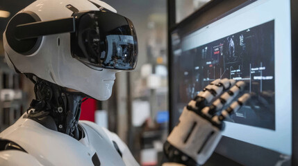 Robot humanoid works with a virtual HUD interface in augmented reality. Robot with a plastic face presses button on virtual keyboard and working with virtual holographic interface. Future concept.