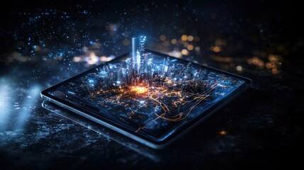 Poster - Immersive nighttime urban experience futuristic holographic map for travelers featuring innovative digital technology