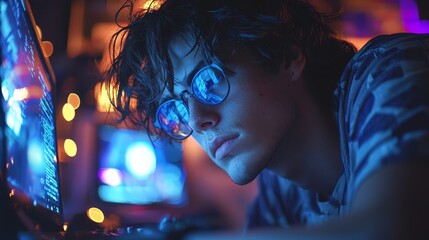 Poster - A young man wearing glasses looking at a computer screen