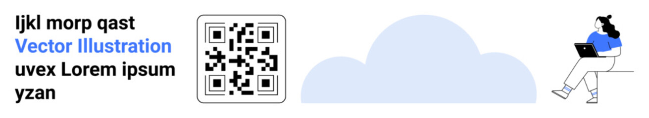 QR code, blue cloud shape, person with black hair and blue shirt sitting with laptop. Ideal for digital solutions, technology, remote work, mobile apps, data storage, online services, cloud