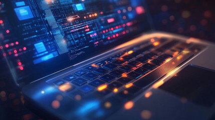 Wall Mural - rotated laptop balances on corner. keyboard view on laptop on blue background. conceptual illustrati