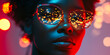 © Alina Tymofieieva - A portrait of a model wearing vibrant glowing glasses against a colorful backdrop in a stylish studio setting at night