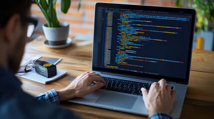 Wall Mural - software development. programming, coding, software testing on laptop. abstract program code on comp