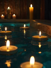 Wall Mural - Telephoto shot of a jacuzzi with candles and ambient lighting.