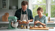 © AnuStudio - Daily Chores concept, A couple enjoys baking together in a bright kitchen, smiling as they prepare delicious treats with a stand mixer and various ingredients.