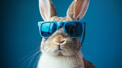 Poster -  a white and brown rabbit wearing blue sunglasses against a blue background