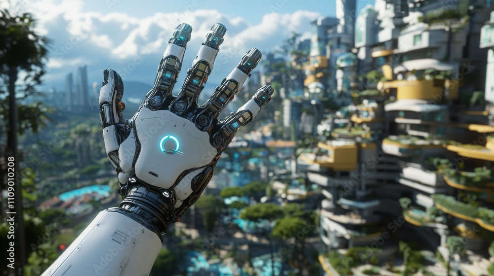 Virtual and augmented reality in the first person. Human hand in ...
