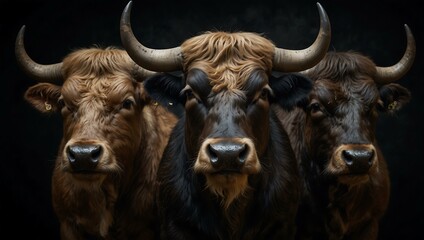 Wall Mural - Three bull heads, each with different expressions, on a dark background.