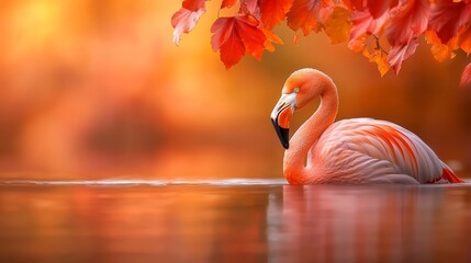 Poster -  a pink flamingo swimming in the water surrounded by autumn leaves The leaves are a mix of red, orange, and yellow, creating a beautiful contrast with the pink of t