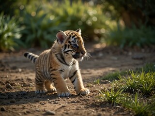 Wall Mural - Tiger puppies playing outdoors.