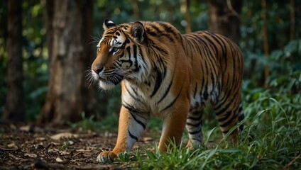 Wall Mural - Tiger stalking its prey in the jungle.