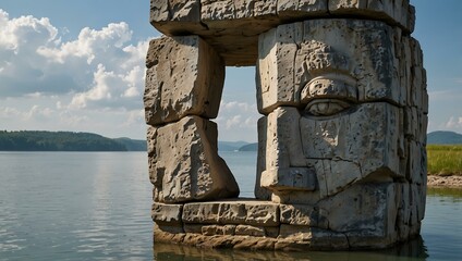 Wall Mural - Towering stone face overlooking a tranquil body of water