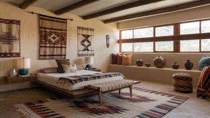 Wall Mural - Stylish Desert-Inspired Bedroom with Traditional Textiles and Modern Touches. Explore a serene bedroom adorned with native textiles, earthy tones, and natural light, creating a peaceful retr...