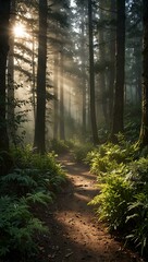 Wall Mural - Tranquil forest path with sunlight filtering through mist.