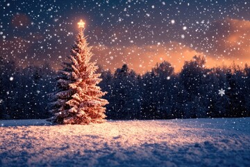 Wall Mural - glowing christmas tree illuminating snowy landscape at sunset during snowfall