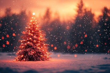 Wall Mural - Christmas tree shining brightly in snowy forest at sunset