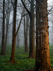 Wall Mural - Tree adorned with binary code resembling data structure.