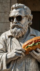 Wall Mural - Trendy marble statue of a bearded man in sunglasses holding a sandwich.