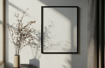 Poster - A minimalist interior scene featuring a blank frame on the wall, soft shadows, and a vase with dried flowers, creating a calm and inviting atmosphere.