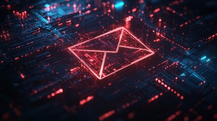 Wall Mural - digital message: neon email on circuit board