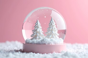 Wall Mural - Minimalist snow globe with white trees on pastel pink background