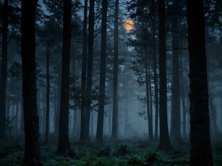 Wall Mural - Twilight foggy forest, serene and moonlit.