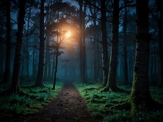 Wall Mural - Twilight in an enchanted moonlit forest.