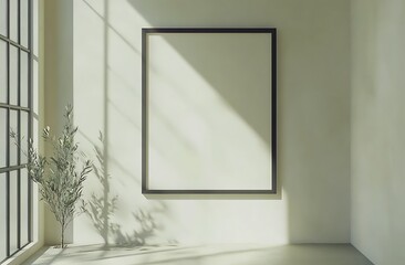 Poster - A minimalist interior featuring an empty frame, sunlight casting shadows, and a plant, creating a serene and spacious atmosphere.