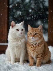 Two cats sitting together during a snowstorm.