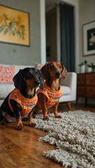 Wall Mural - Two dachshunds in bright clothes peek around a living room.