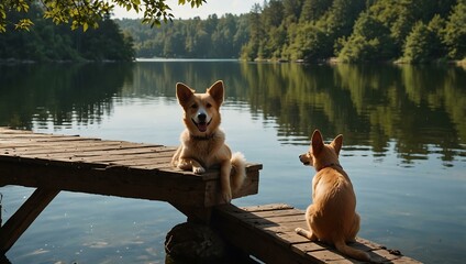 Wall Mural - Two dogs resting on a dock by a peaceful lake.