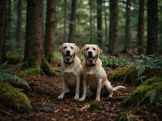 Wall Mural - Two Labradors standing in a forest den.