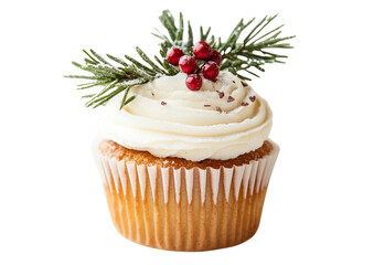 Wall Mural - A festive cupcake topped with white frosting and a tiny red-and-green decoration, captured in high detail with HDR quality, set against a clean white background, perfect for holiday-themed designs.

