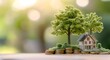© DesignHubpro - A tree growing on a stack of coins and a model of a small house, a real estate business idea. And the idea of ​​saving or investing to buy an eco-friendly home.