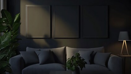 Poster - A modern, dimly lit living room featuring a cozy sofa, a floor lamp, and empty picture frames against a dark wall, complemented by a potted plant.