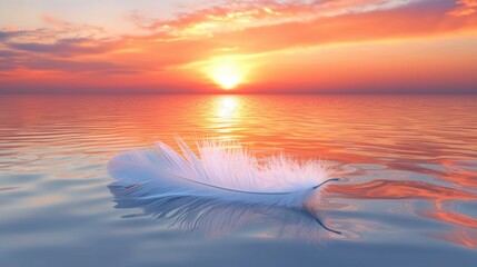 Poster - Serene Sunset with Feather on Calm Water Surface