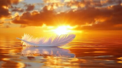 Poster - Serene Sunset with Feather on Tranquil Water Surface