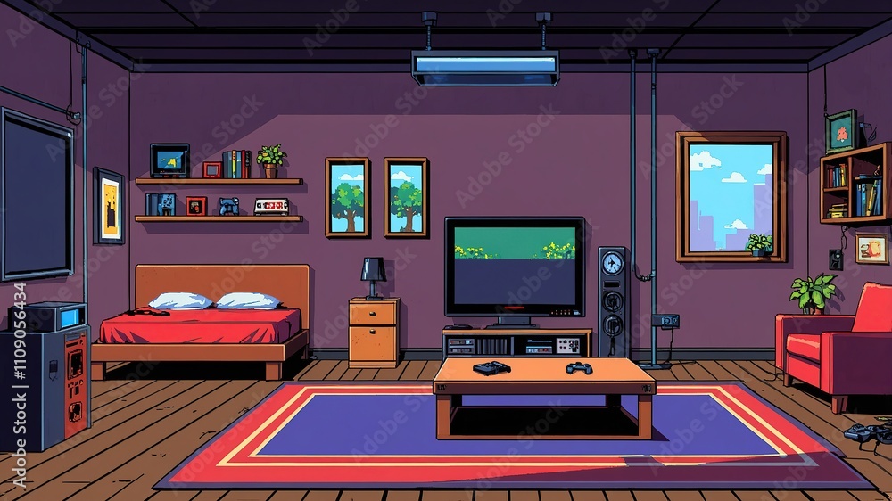 Pixel art game room, bedroom with video game consoles, background in ...
