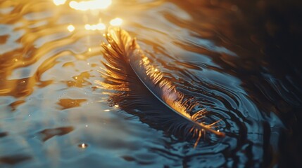 Poster - Soft Feather Floating on Water at Sunset