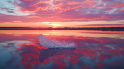 Poster - Serene Feather on Calm Water at Sunset